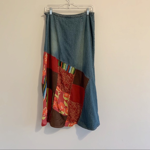 Vintage Skirt Patchwork Cabincore Boho Mixed Print Denim Midi Length Jean Skirt - Picture 6 of 14